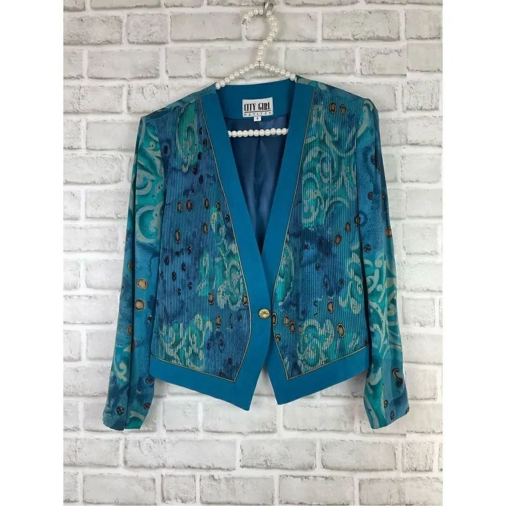 Vintage City Girl Petites Teal Peacock Print Jacket Size 6